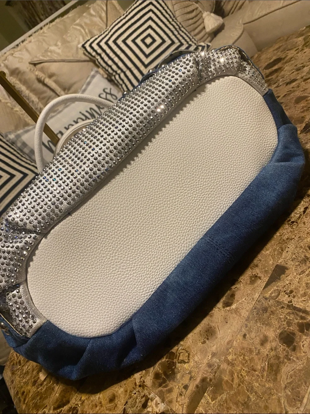 Studded Blue & White Shoulder Bag with Crystal Front